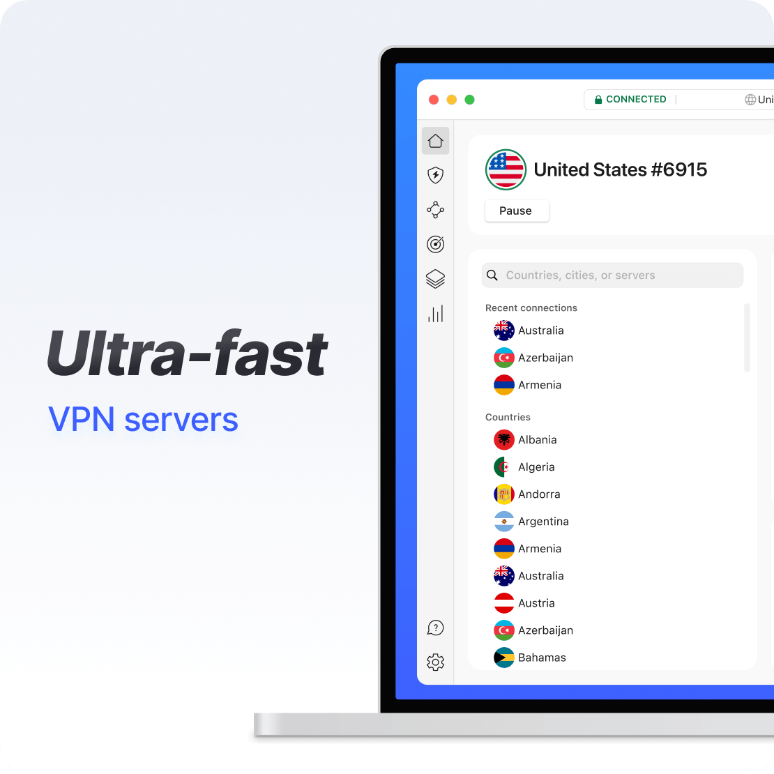 NordVPN app interface on a laptop showcasing a super-fast VPN connection.